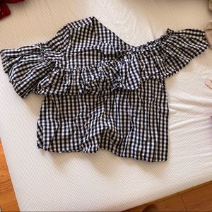 Gingham pattern one side off shoulder top black and white
